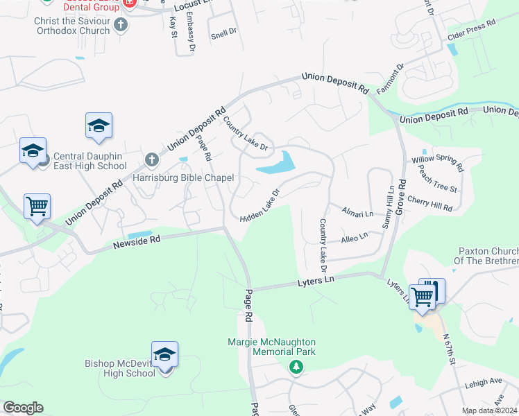 map of restaurants, bars, coffee shops, grocery stores, and more near 5774 Hidden Lake Drive in Harrisburg