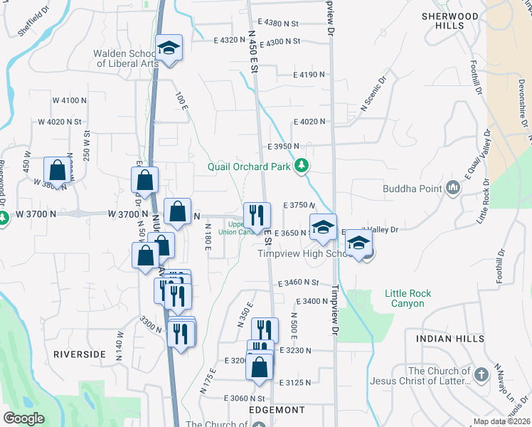 map of restaurants, bars, coffee shops, grocery stores, and more near 3707 North Canyon Road in Provo