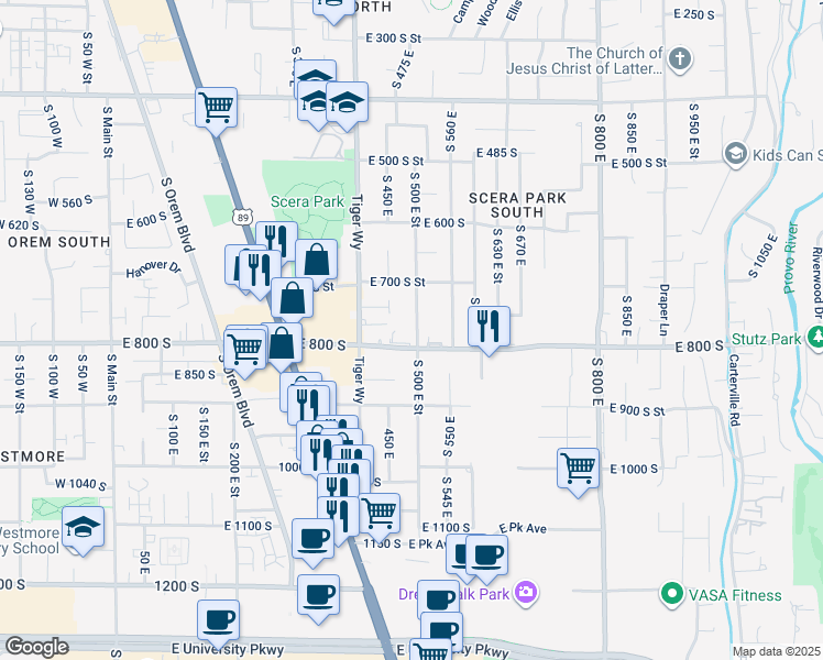 map of restaurants, bars, coffee shops, grocery stores, and more near 776 South 500 East in Orem