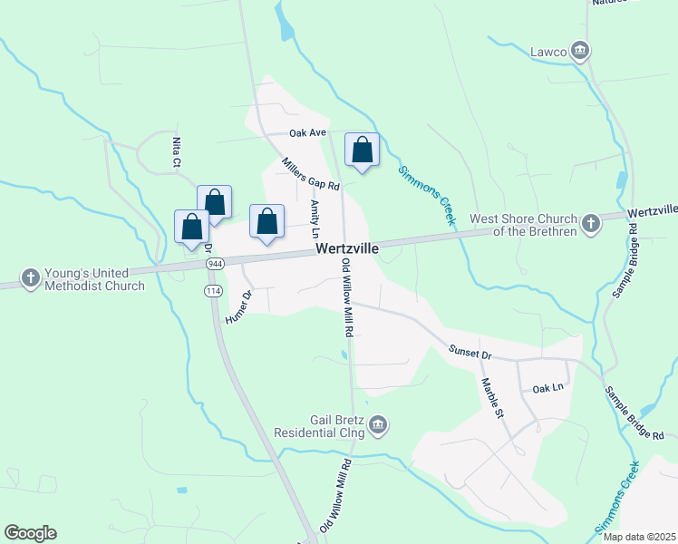 map of restaurants, bars, coffee shops, grocery stores, and more near 1375 Old Willow Mill Road in Mechanicsburg