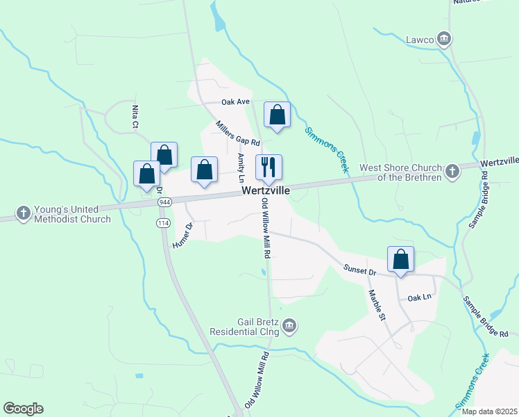 map of restaurants, bars, coffee shops, grocery stores, and more near 1375 Old Willow Mill Road in Mechanicsburg