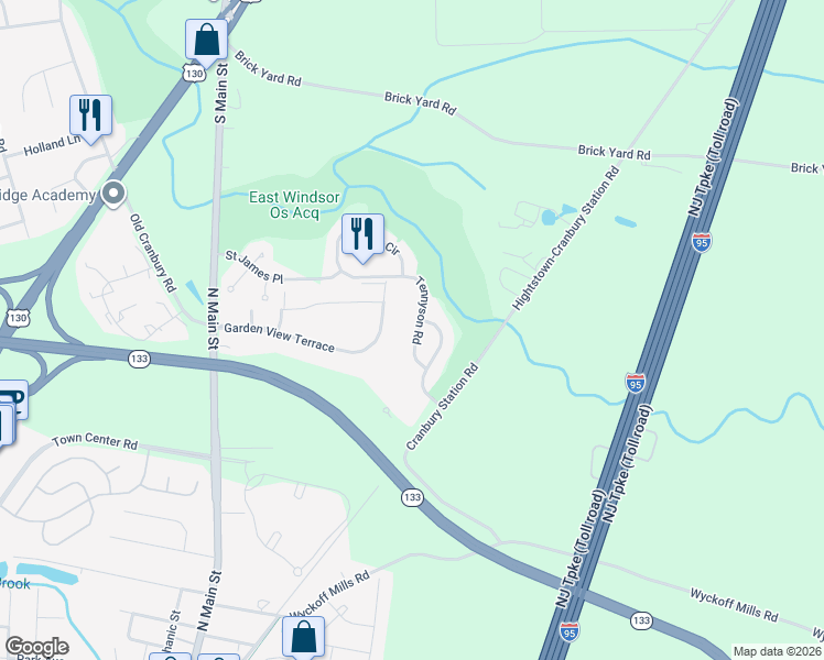 map of restaurants, bars, coffee shops, grocery stores, and more near 73 Tennyson Road in East Windsor