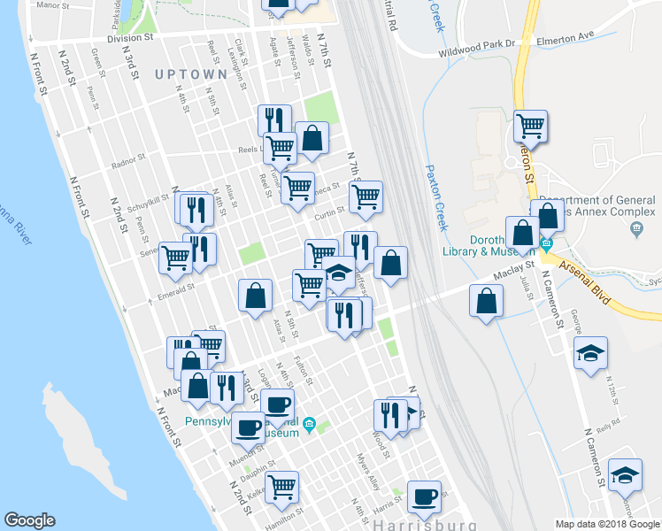 map of restaurants, bars, coffee shops, grocery stores, and more near 2227 North 6th Street in Harrisburg