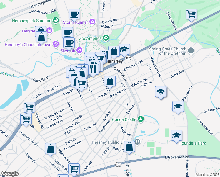 map of restaurants, bars, coffee shops, grocery stores, and more near 70 West Granada Avenue in Hershey
