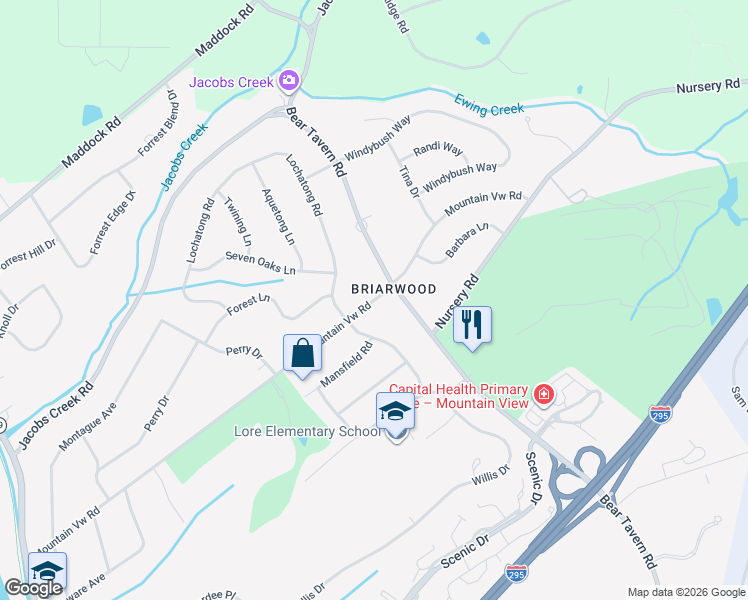 map of restaurants, bars, coffee shops, grocery stores, and more near 101 Mountainview Road in Ewing Township
