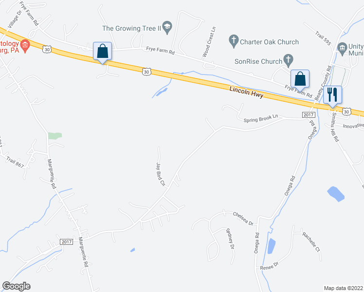 map of restaurants, bars, coffee shops, grocery stores, and more near 251A Sand Hill Road in Greensburg