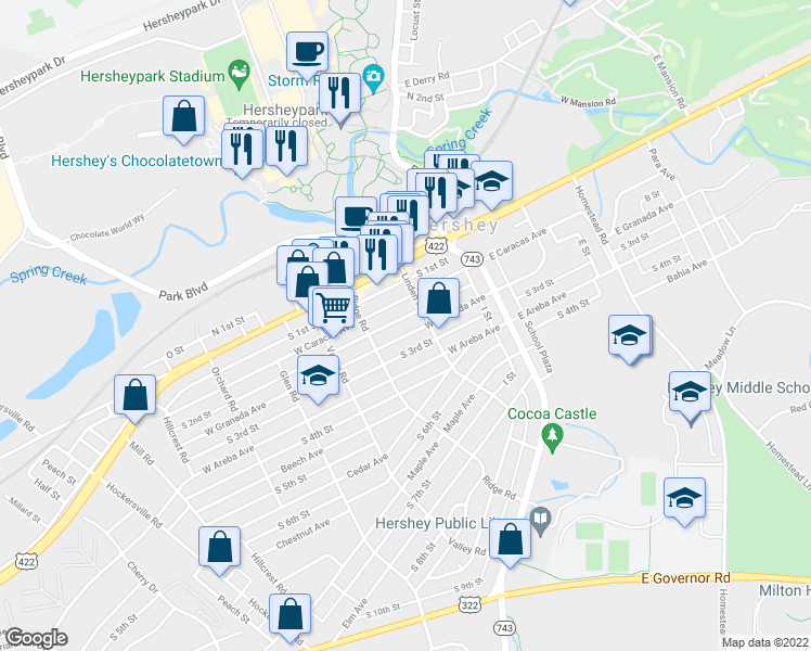 map of restaurants, bars, coffee shops, grocery stores, and more near 121 West Granada Avenue in Hershey