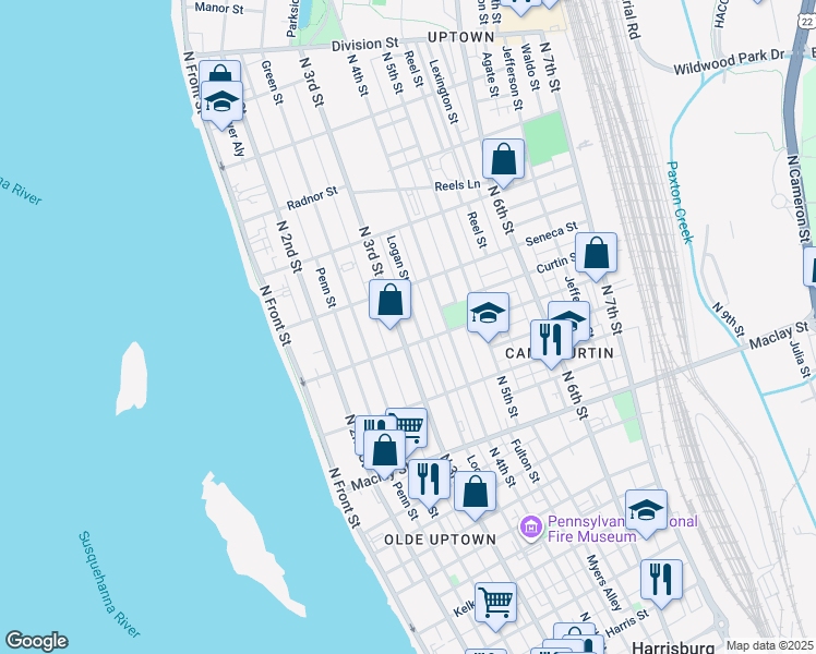 map of restaurants, bars, coffee shops, grocery stores, and more near 2317 North 3rd Street in Harrisburg