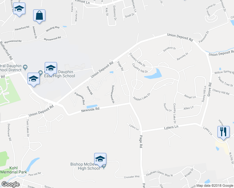 map of restaurants, bars, coffee shops, grocery stores, and more near 5518 Partridge Court in Harrisburg