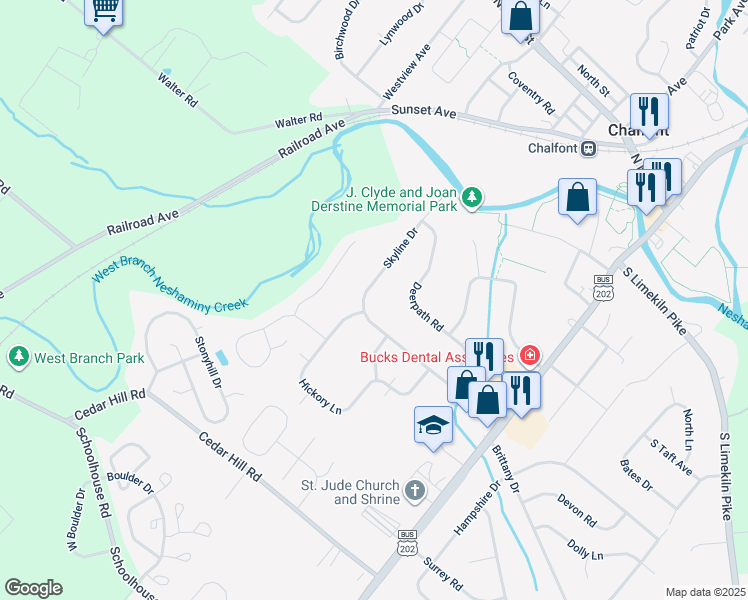 map of restaurants, bars, coffee shops, grocery stores, and more near 41 Skyline Drive in Chalfont