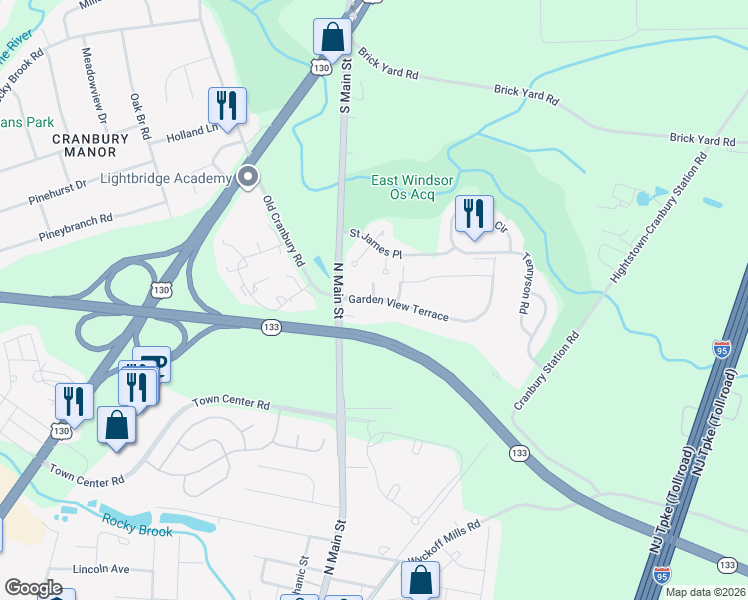 map of restaurants, bars, coffee shops, grocery stores, and more near 19 Garden View Terrace in Hightstown