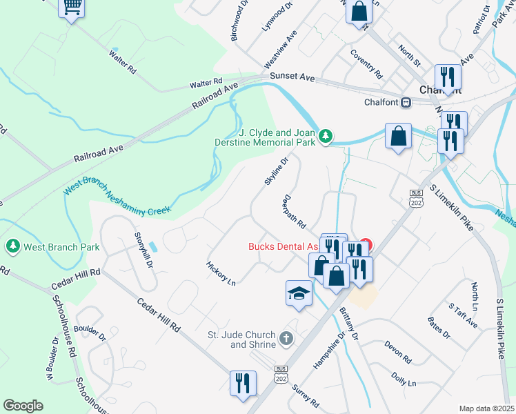 map of restaurants, bars, coffee shops, grocery stores, and more near 41 Skyline Drive in Chalfont