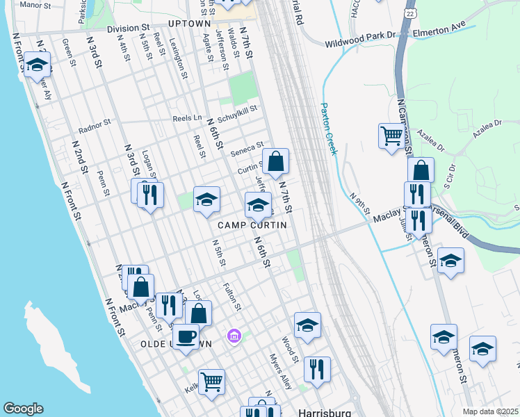 map of restaurants, bars, coffee shops, grocery stores, and more near 623 Camp Street in Harrisburg