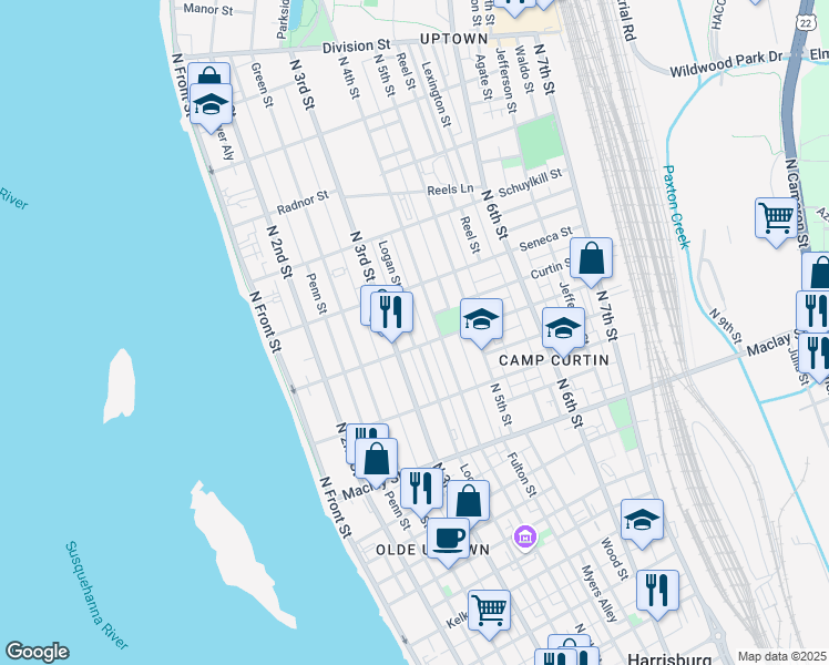 map of restaurants, bars, coffee shops, grocery stores, and more near 2305 Logan Street in Harrisburg