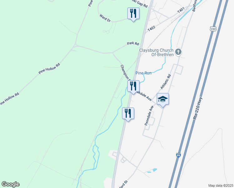 map of restaurants, bars, coffee shops, grocery stores, and more near Metzgar Lane in Claysburg