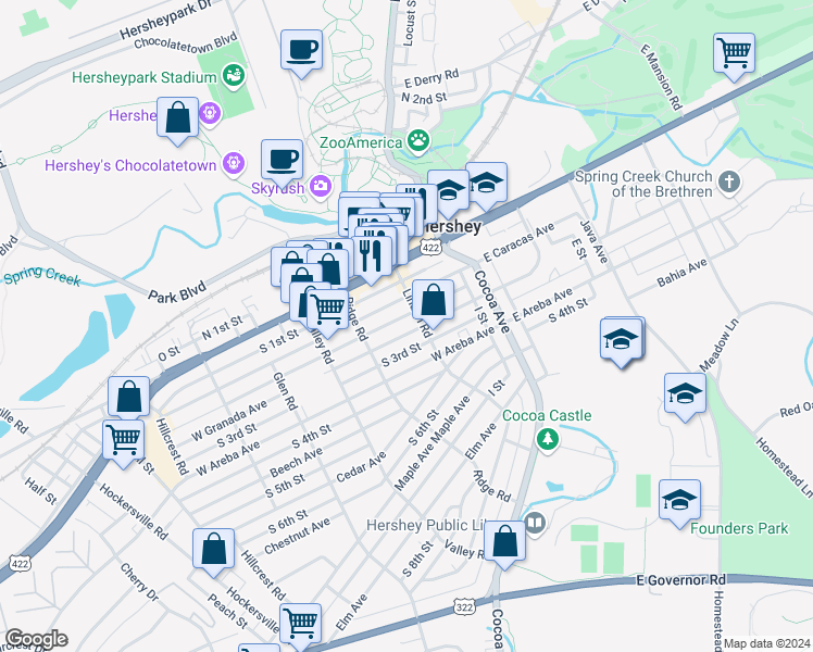 map of restaurants, bars, coffee shops, grocery stores, and more near 113 West Granada Avenue in Hershey
