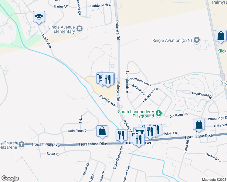 map of restaurants, bars, coffee shops, grocery stores, and more near 101 Northside Commons in Palmyra