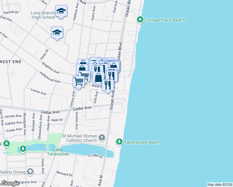 map of restaurants, bars, coffee shops, grocery stores, and more near 660 Ocean Avenue in Long Branch