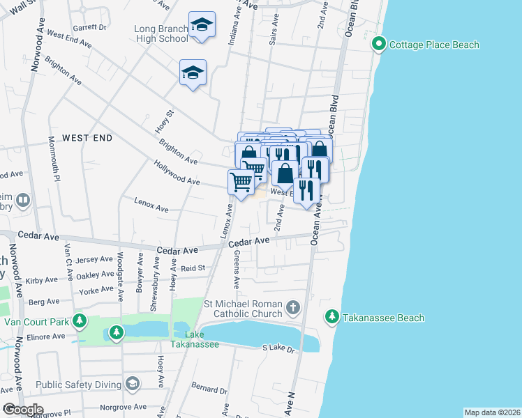map of restaurants, bars, coffee shops, grocery stores, and more near 680 2nd Avenue in Long Branch