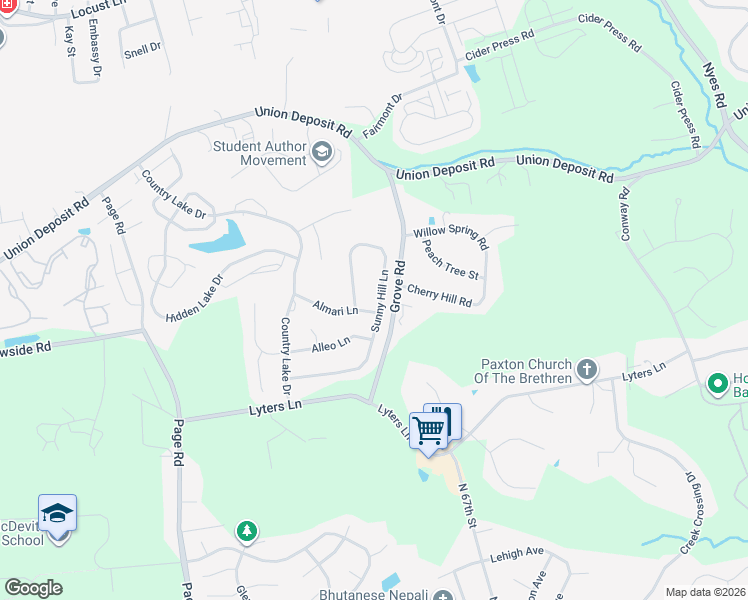 map of restaurants, bars, coffee shops, grocery stores, and more near 919 Sunny Hill Lane in Harrisburg