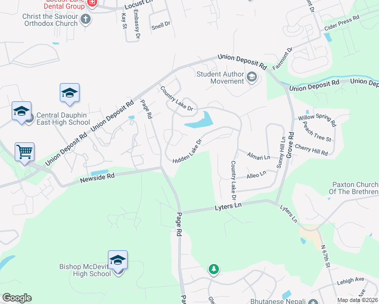 map of restaurants, bars, coffee shops, grocery stores, and more near 5780 Hidden Lake Drive in Harrisburg