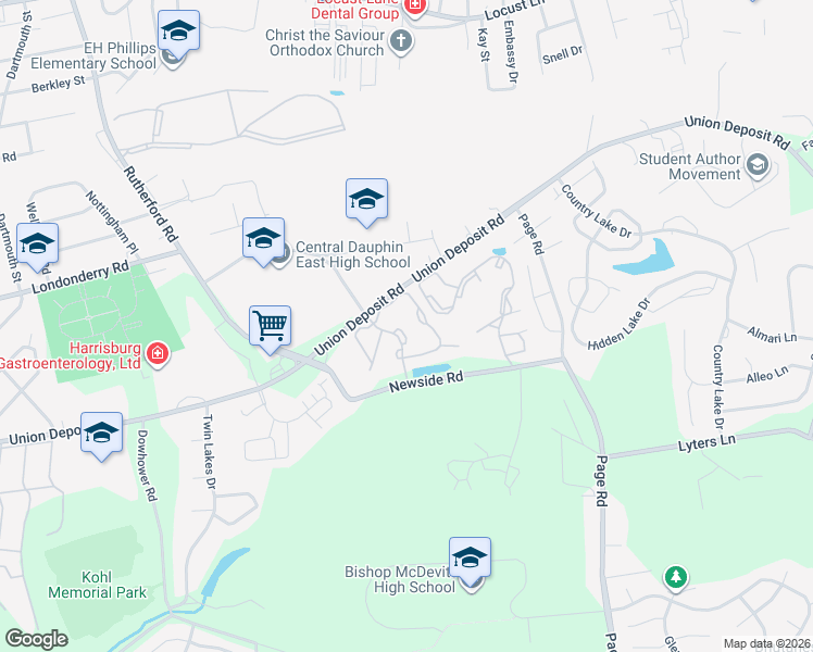 map of restaurants, bars, coffee shops, grocery stores, and more near 1127 Center Court in Harrisburg