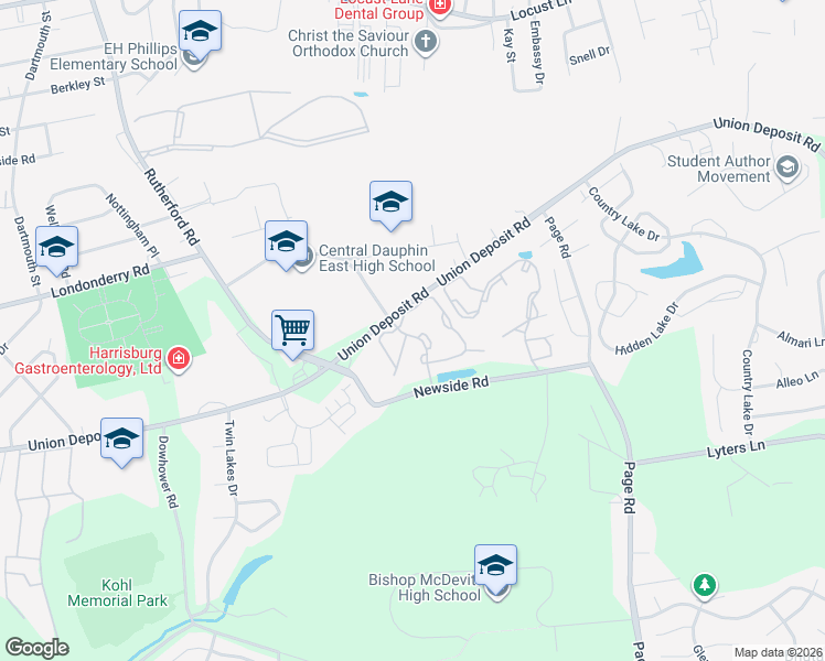 map of restaurants, bars, coffee shops, grocery stores, and more near 5428 Springtide Drive in Harrisburg