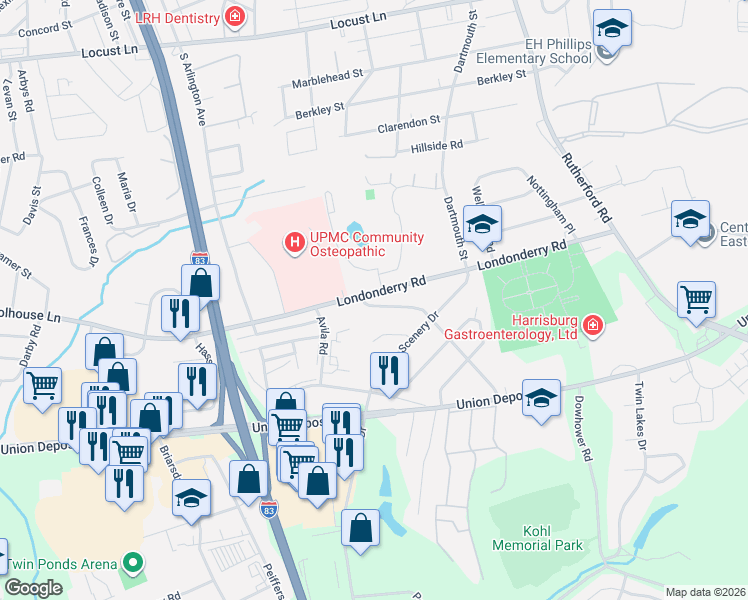 map of restaurants, bars, coffee shops, grocery stores, and more near 903 Lakewood Drive in Harrisburg