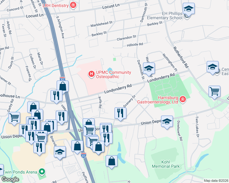 map of restaurants, bars, coffee shops, grocery stores, and more near 903 Lakewood Drive in Harrisburg