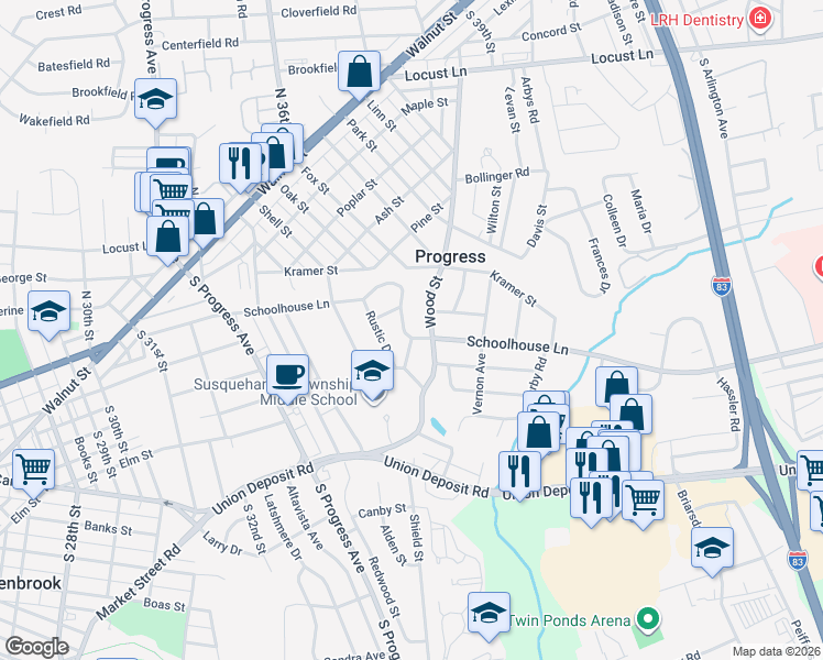 map of restaurants, bars, coffee shops, grocery stores, and more near 607 Sylvan Place in Harrisburg