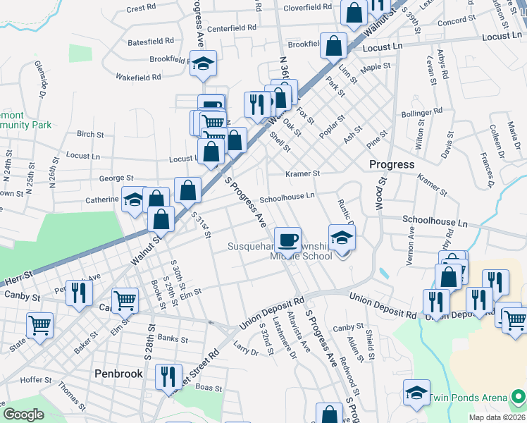 map of restaurants, bars, coffee shops, grocery stores, and more near 232 South Progress Avenue in Harrisburg