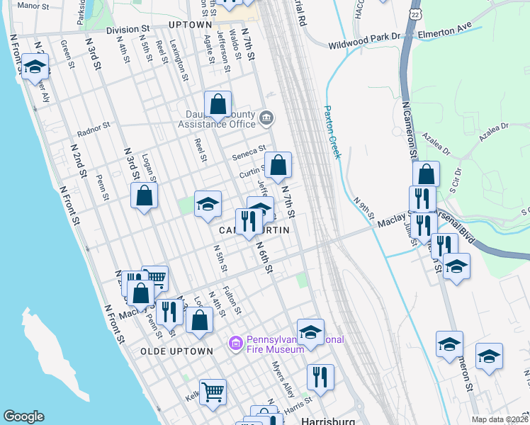 map of restaurants, bars, coffee shops, grocery stores, and more near 626 Woodbine Street in Harrisburg