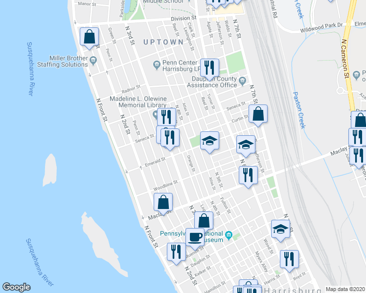 map of restaurants, bars, coffee shops, grocery stores, and more near 331 Emerald Street in Harrisburg