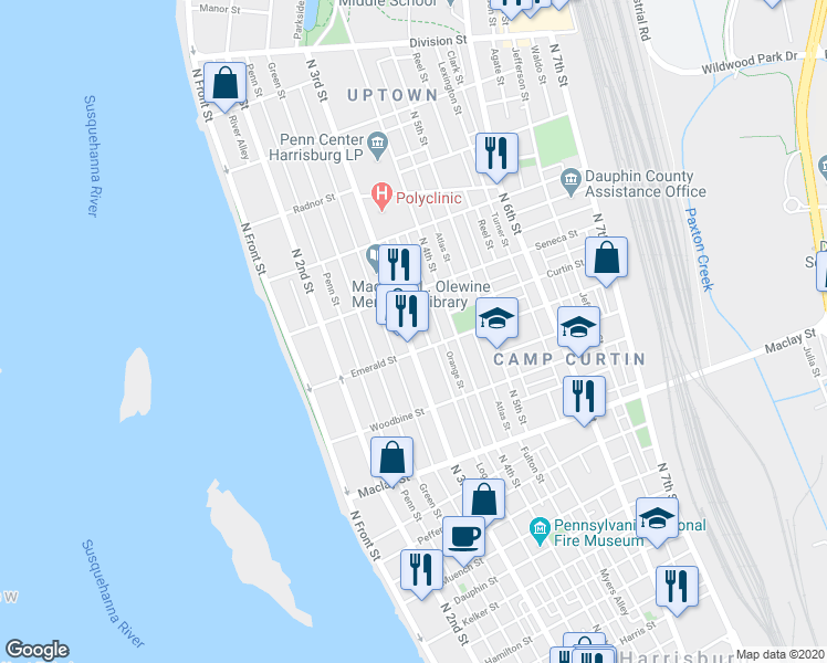 map of restaurants, bars, coffee shops, grocery stores, and more near 2300 North 3rd Street in Harrisburg
