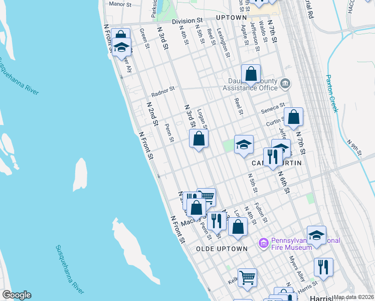 map of restaurants, bars, coffee shops, grocery stores, and more near 2322 Green Street in Harrisburg