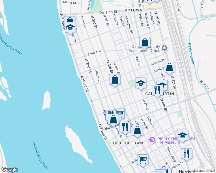 map of restaurants, bars, coffee shops, grocery stores, and more near 2322 Green Street in Harrisburg