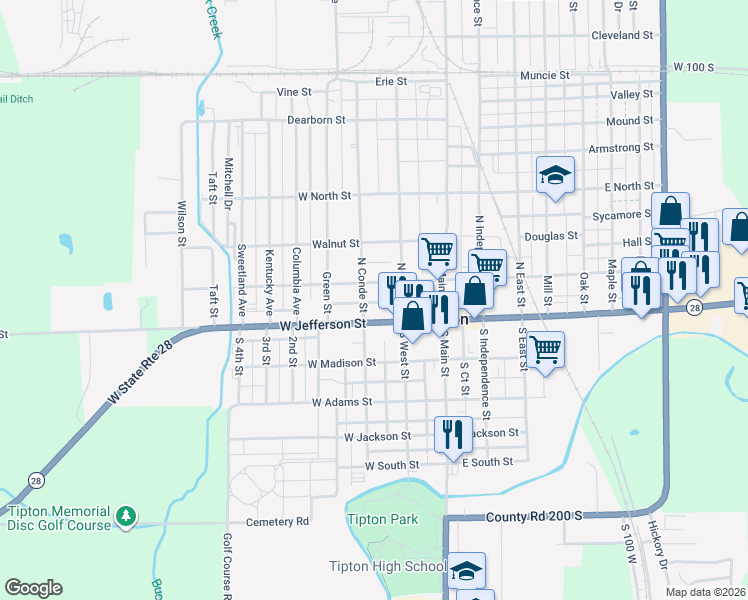 map of restaurants, bars, coffee shops, grocery stores, and more near 234 West Jefferson Street in Tipton
