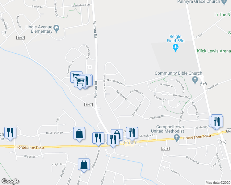 map of restaurants, bars, coffee shops, grocery stores, and more near 611 Barnside Drive in Palmyra