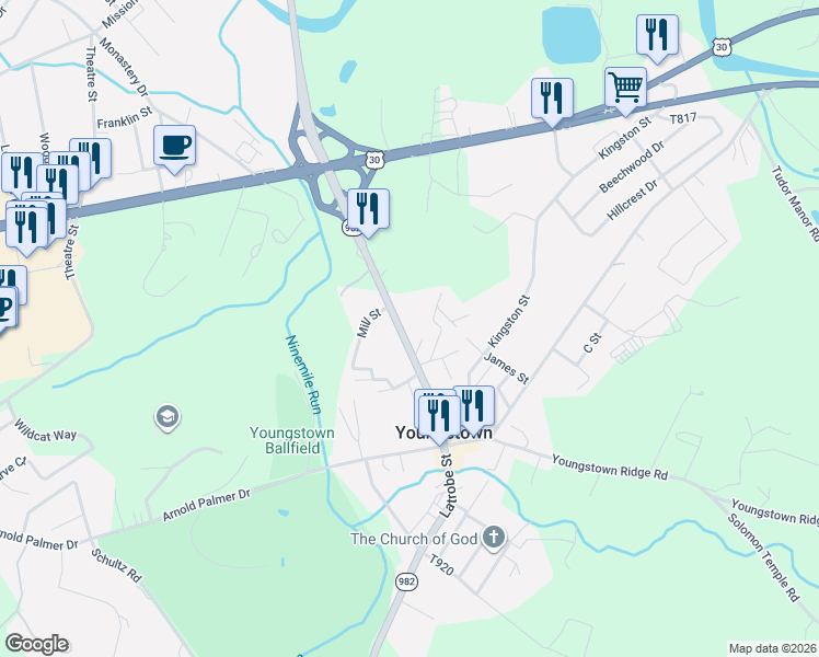map of restaurants, bars, coffee shops, grocery stores, and more near 4416 Pennsylvania 982 in Latrobe