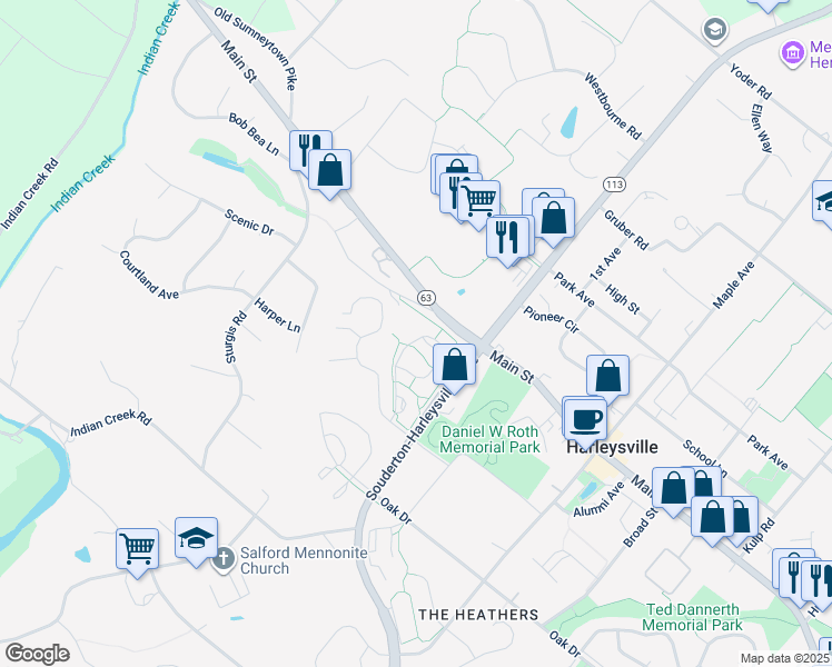 map of restaurants, bars, coffee shops, grocery stores, and more near 317 Hamilton Drive in Harleysville