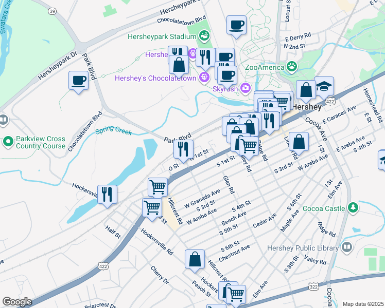 map of restaurants, bars, coffee shops, grocery stores, and more near 507R North 1st Street in Hershey