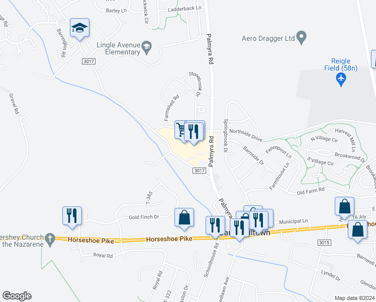 map of restaurants, bars, coffee shops, grocery stores, and more near 110 Northside Drive in Palmyra