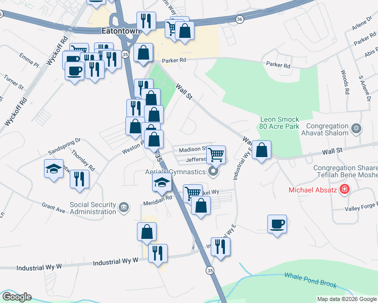 map of restaurants, bars, coffee shops, grocery stores, and more near 223 Madison Street in Eatontown