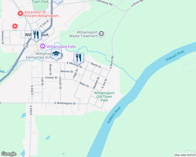 map of restaurants, bars, coffee shops, grocery stores, and more near 800-898 Warren Street in Williamsport