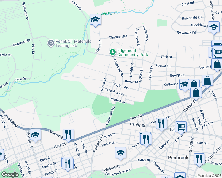 map of restaurants, bars, coffee shops, grocery stores, and more near 2130 Columbia Avenue in Harrisburg