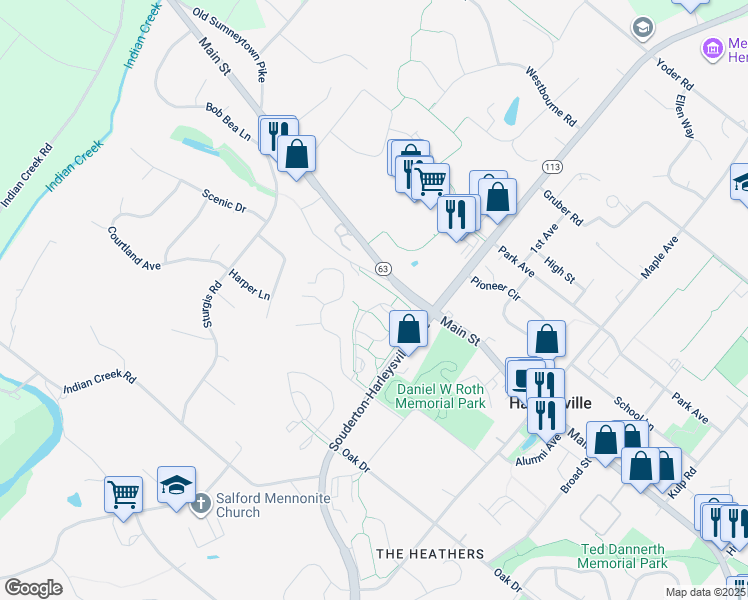 map of restaurants, bars, coffee shops, grocery stores, and more near 317 Hamilton Drive in Harleysville