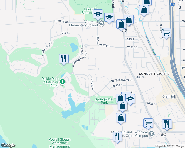 map of restaurants, bars, coffee shops, grocery stores, and more near Shadow Vista Drive in Orem