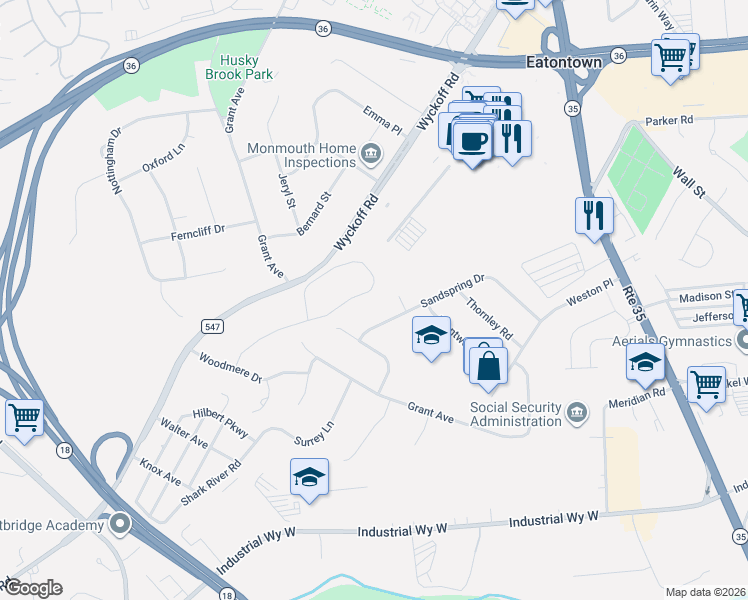 map of restaurants, bars, coffee shops, grocery stores, and more near 31 Sand Spring Drive in Eatontown