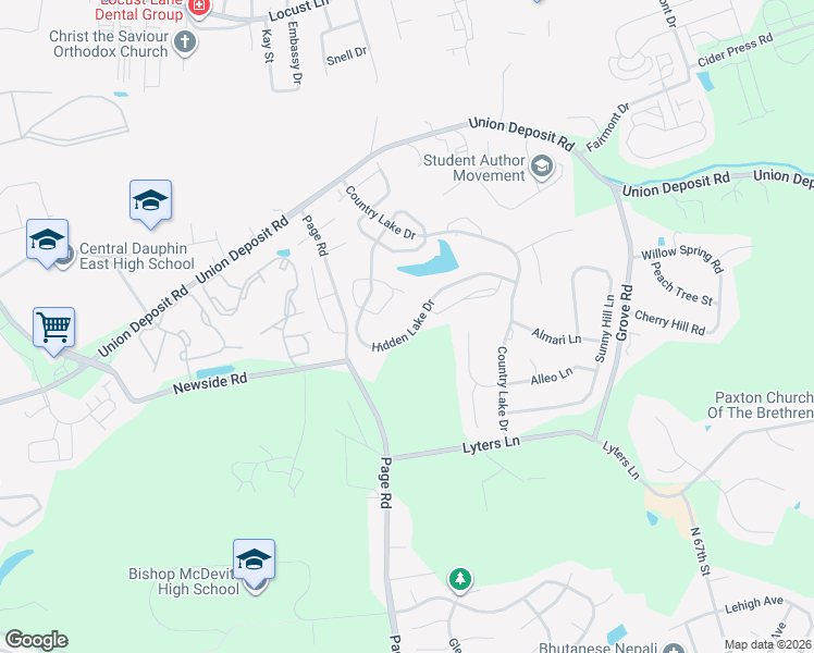 map of restaurants, bars, coffee shops, grocery stores, and more near 5780 Hidden Lake Drive in Harrisburg