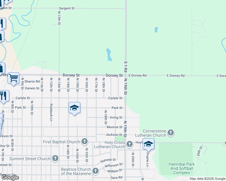 map of restaurants, bars, coffee shops, grocery stores, and more near 1605 Pleasant View Avenue in Beatrice